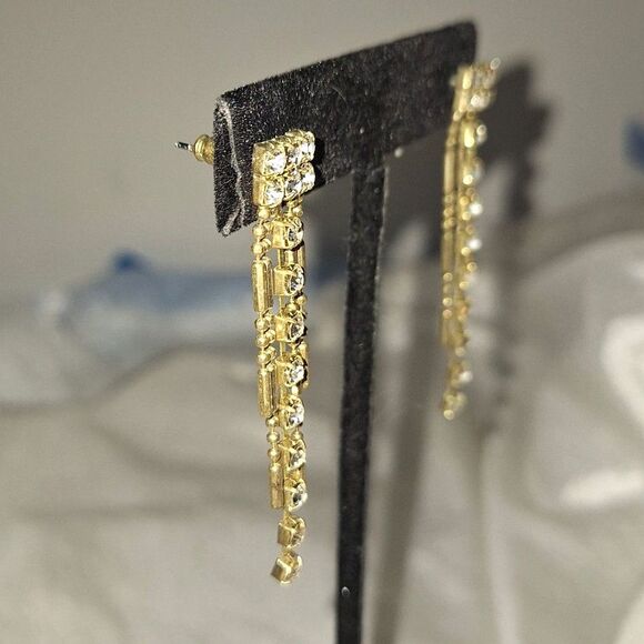 Art Deco Style Women's Vintage Earrings Dangle Drop Gold Tone Rhinestone - Picture 7 of 7